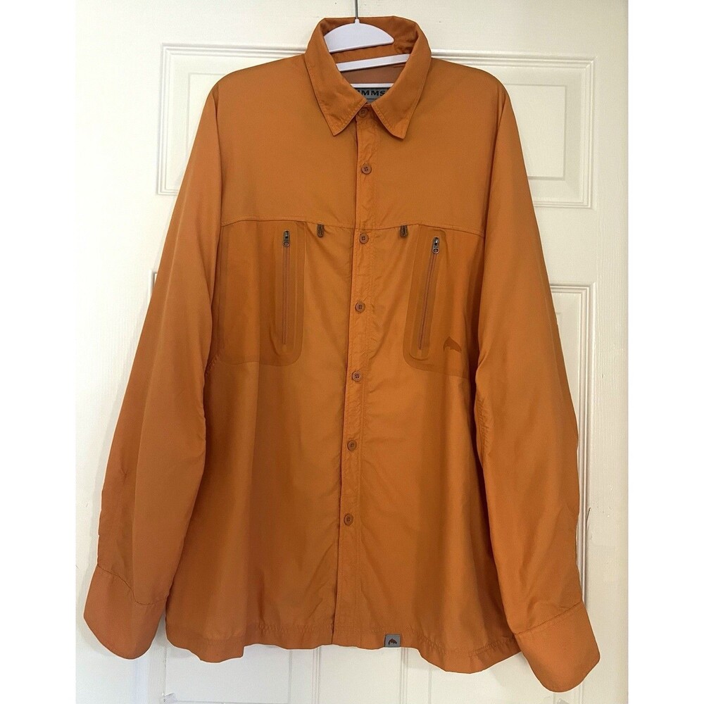 Simms Men’s Fishing Long Sleeve Button-Front Nylon Shirt XL Orange Pockets